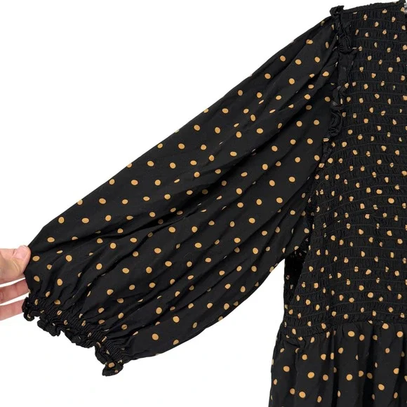 Madewell 2X Black Brown Polka Dot Smocked Babydoll Dress Midi Boho Peasant - Picture 3 of 6